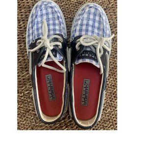 Womens Girls Sperry Bahama Blue Plaid Sequin Boat Loafer Shoes Size 5